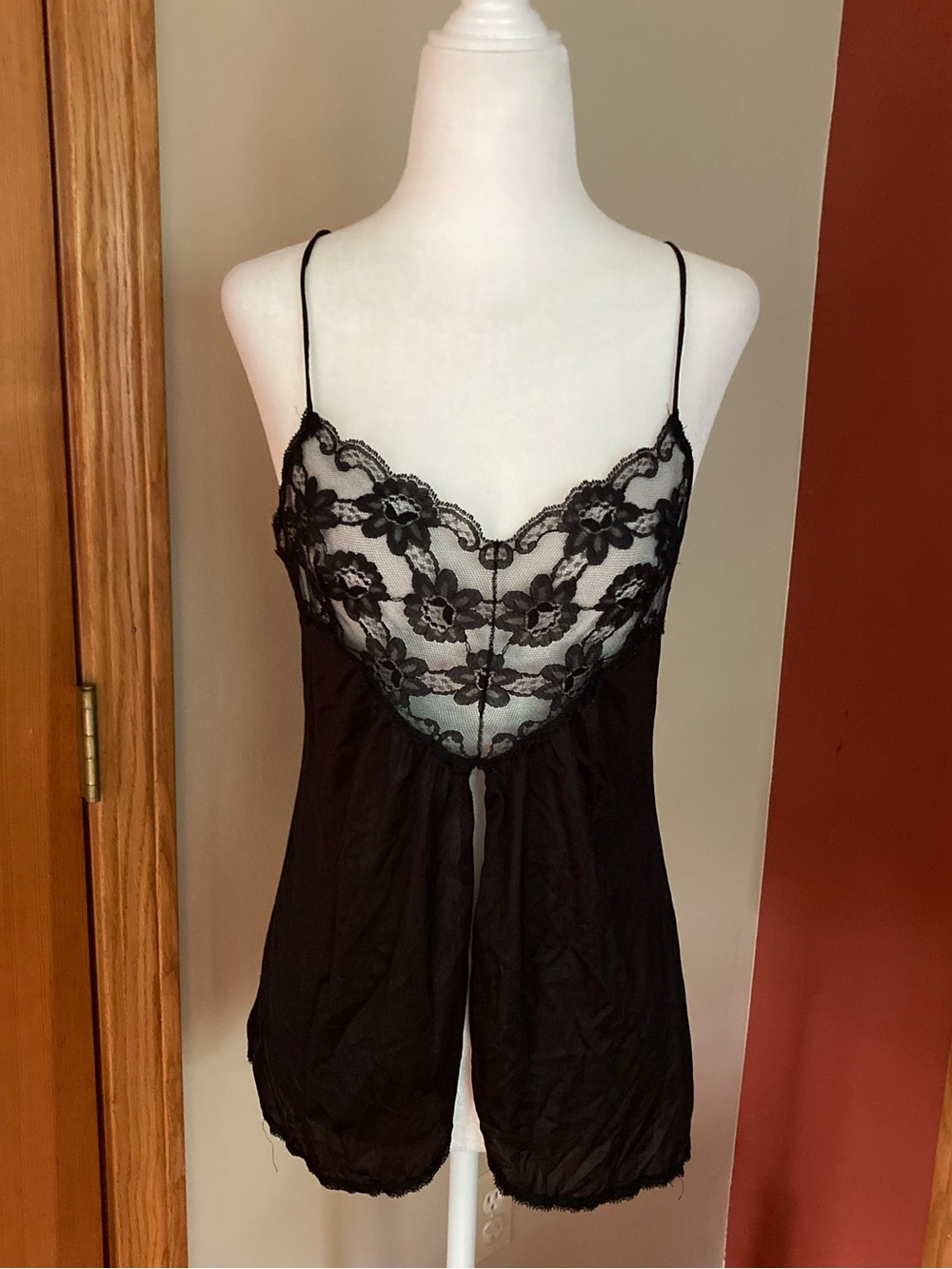 Vintage Kayser Black Lace Trim Satin Chemise - Women's Intimates Size Small